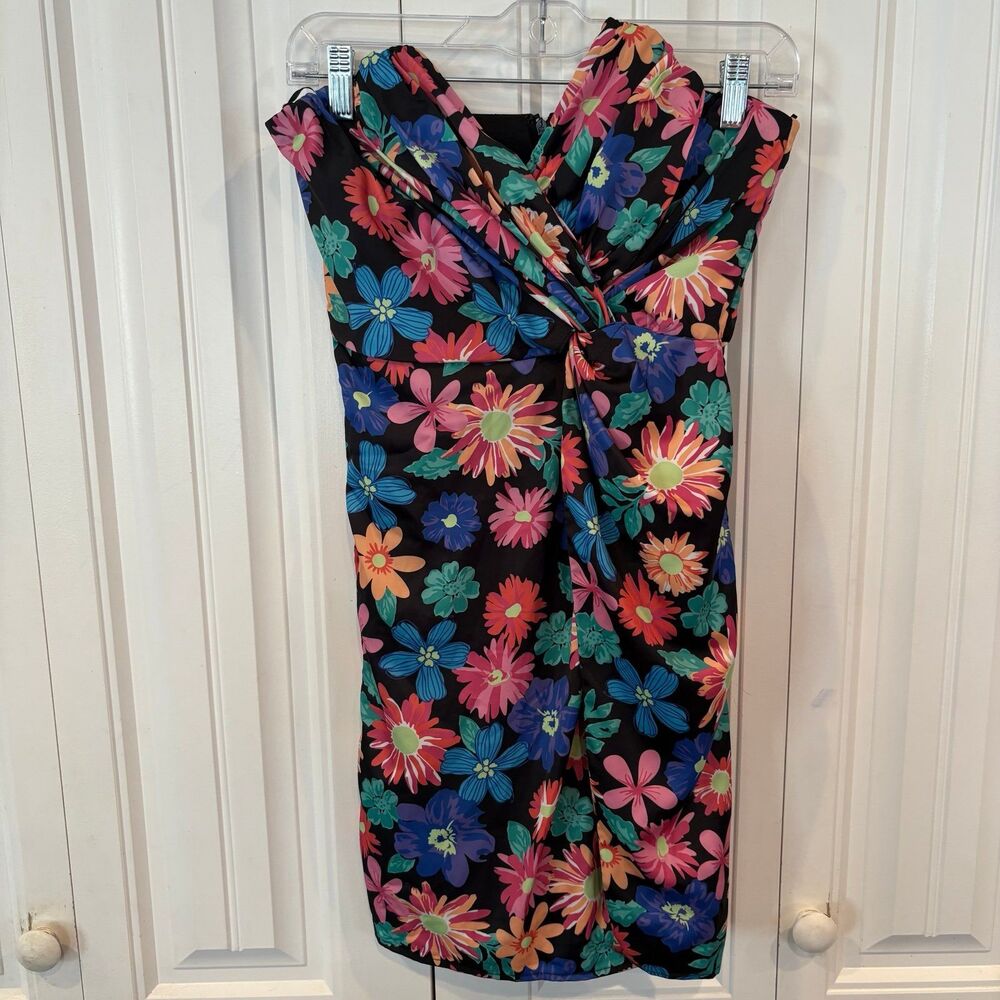 Dee Elly Black Floral Strapless Dress Size Small